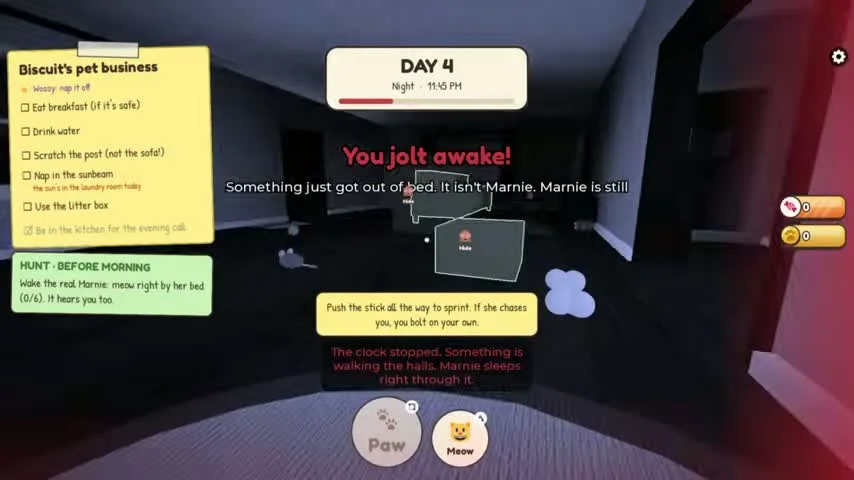 Day 4 wake-up warning and six-meow objective